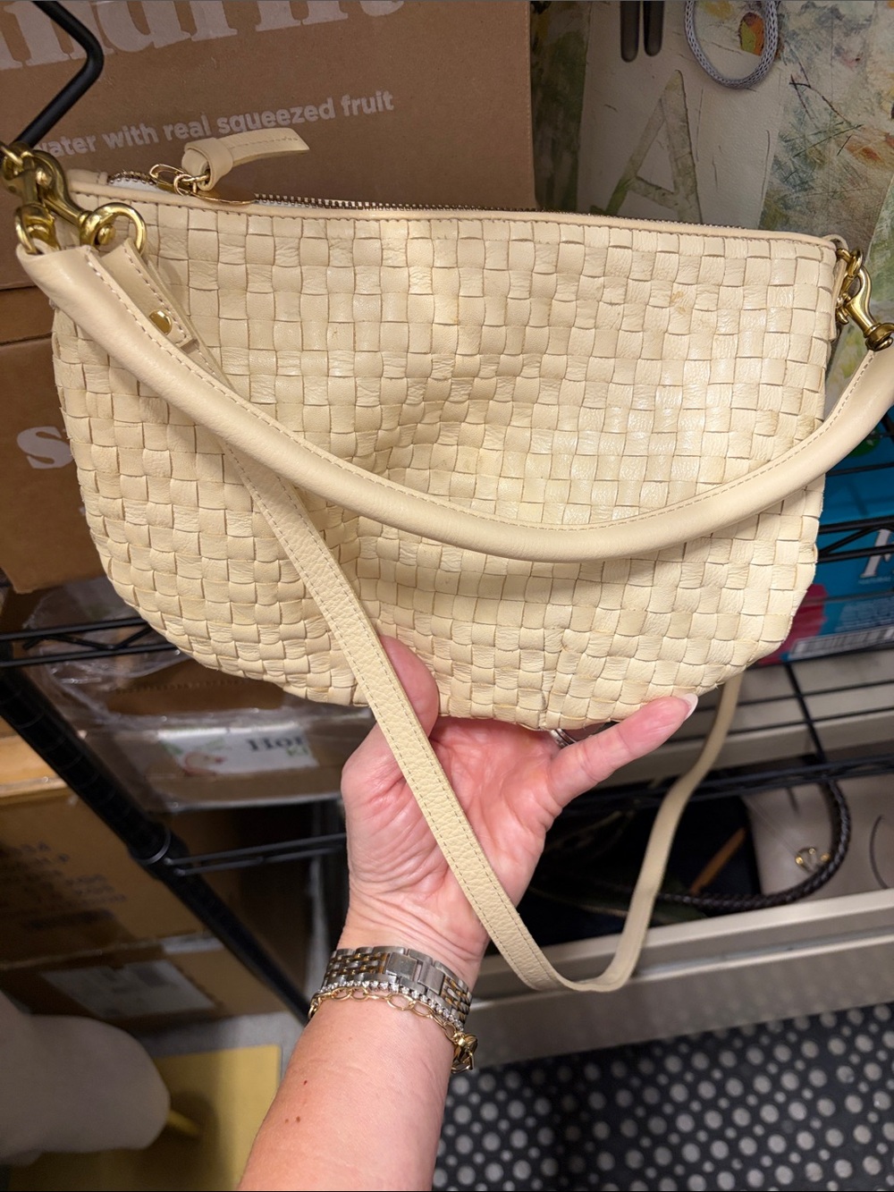 Clare V Cream Woven Leather Crossbody Bag